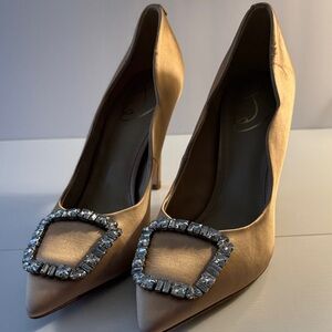 Sam Edelman Beige Satin Rhinestone Buckle “Carrie” Shoes 8.5